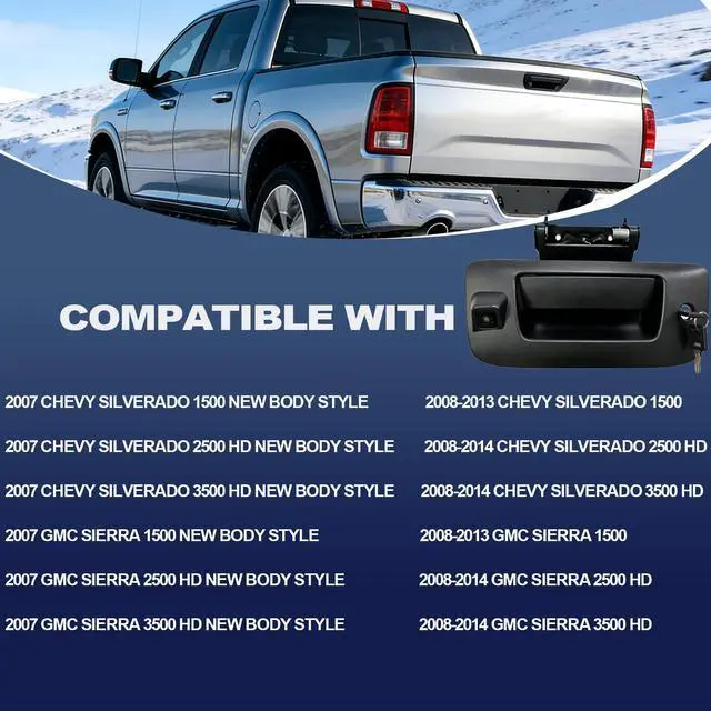 Alt view image 2 of 4 - Tailgate Handle Backup Camera Rear View Camera Liftgate Latch Handle with Key Lock Cylinder Black fit for 2007-2014 Chevrolet Chevy Silverado GMC Sierra 1500 2500 3500