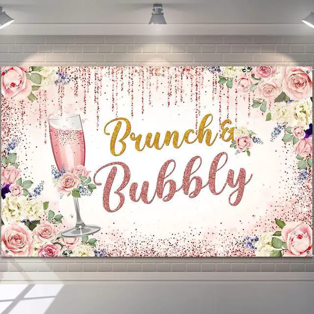 Main image of Rose Gold Bridal Shower Brunch Backdrop Decoration 6 x 4 FT Bar Banner Pink Champagne Background for Wedding Bachelorette Birthday Party Supplies, Photo Booth Props Decor