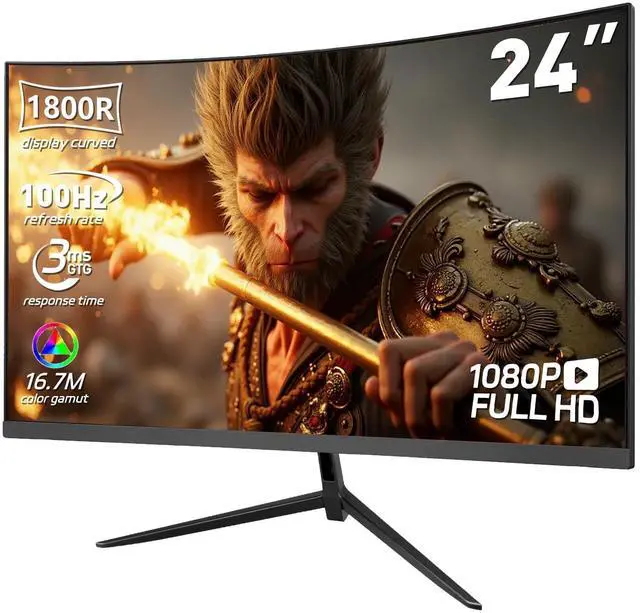 Main image of 24 Inch Curved 1080P Gaming Monitor, 1800R FHD 100Hz Computer Monitor, 3ms Response Time, FreeSync, Eye-Care, HDMI/DP, Built-in Speakers, VESA Mount