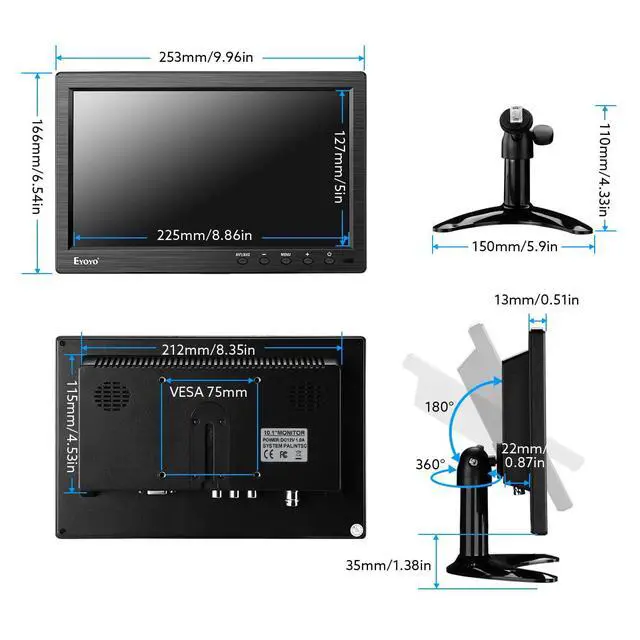 Alt view image 5 of 7 - 10 Inch 1024x600 Monitor with HDMI/VGA/BNC/AV/USB Inputs for PC & DVD | Built-in Speakers, Remote Control, Lightweight, Ideal for Security Monitor, Works Well as Video Display for Home and Office