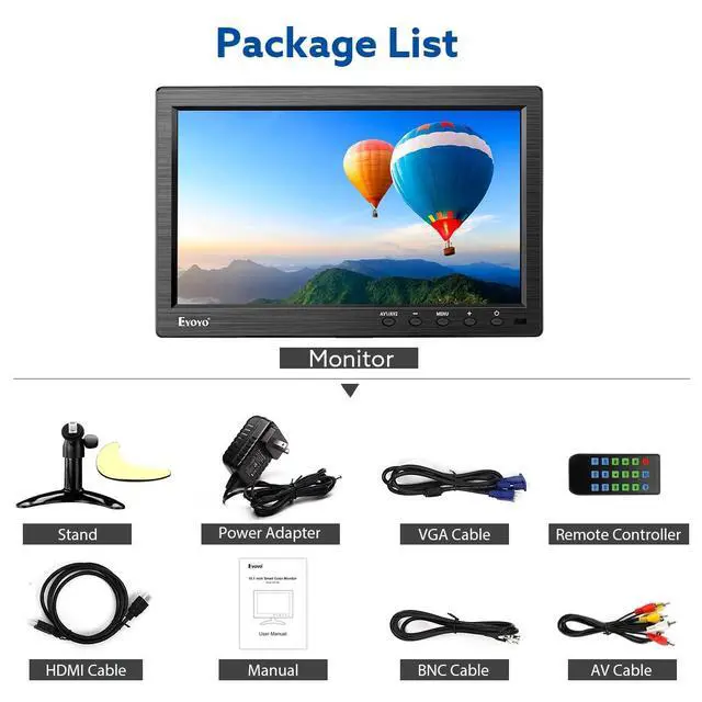 Alt view image 7 of 7 - 10 Inch 1024x600 Monitor with HDMI/VGA/BNC/AV/USB Inputs for PC & DVD | Built-in Speakers, Remote Control, Lightweight, Ideal for Security Monitor, Works Well as Video Display for Home and Office