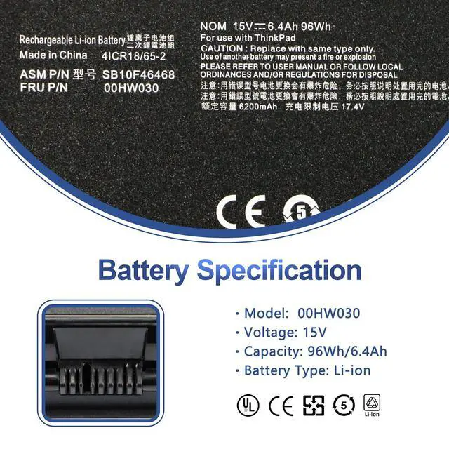 Alt view image 3 of 7 - 00HW030 SB10F46468 78++ 78+ Laptop Battery for Lenovo ThinkPad P70/ P71 | for ThinkPad P70 20ER 20ES, ThinkPad P71 20HK Series Notebook 01AV451 4X50K14092 5B10W13950 15V 96Wh 6400mAh 8-Cell