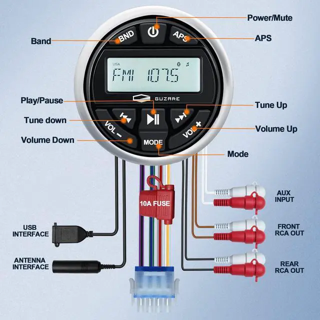 Alt view image 5 of 6 - Marine Radio Bluetooth Stereo Audio Waterproof Radio Boats FM AM Gauge Stereo Golf Cart Marine Stereo Receiver Audio Systems for RV UTV Yacht