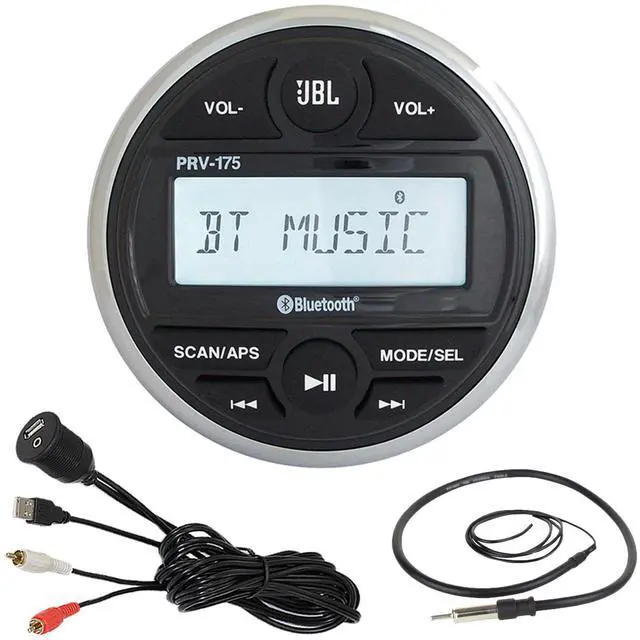 Main image of JBL PRV-175 Marine Gauge Hole Mount USB Bluetooth AM/FM Digital Stereo Receiver, USB 3.5MM AUX to RCA Interface Mount Cable + 22" Wired Radio Antenna