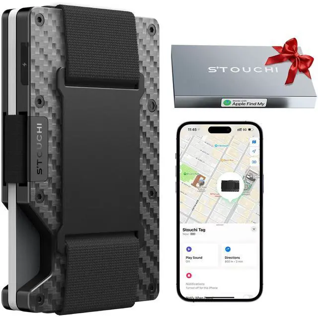 Main image of Trackable Wallet for Men |Built-in Find My (iOS Only) RFID Blocking | Wealth Plaid Design Carbon Fiber Slim Wallet Holds 15 Cards No Extra Bump Quick Access Cash Strap Birthday Gift-Ready