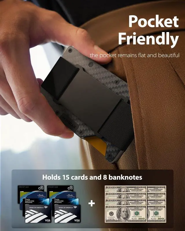 Alt view image 6 of 7 - Trackable Wallet for Men |Built-in Find My (iOS Only) RFID Blocking | Wealth Plaid Design Carbon Fiber Slim Wallet Holds 15 Cards No Extra Bump Quick Access Cash Strap Birthday Gift-Ready