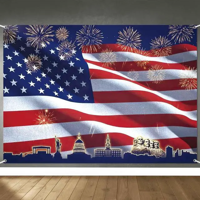 Main image of 8x6ft Patriotic American Flag Backdrop 4th of July Banner Red White and Blue USA Flag Fireworks Photo Background Veteran Independence Day Memorial Day Party Decorations Supplies