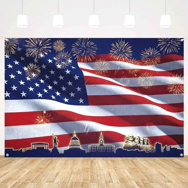 Alt view image 2 of 7 - 8x6ft Patriotic American Flag Backdrop 4th of July Banner Red White and Blue USA Flag Fireworks Photo Background Veteran Independence Day Memorial Day Party Decorations Supplies