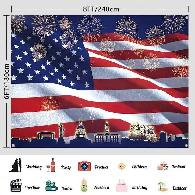 Alt view image 3 of 7 - 8x6ft Patriotic American Flag Backdrop 4th of July Banner Red White and Blue USA Flag Fireworks Photo Background Veteran Independence Day Memorial Day Party Decorations Supplies