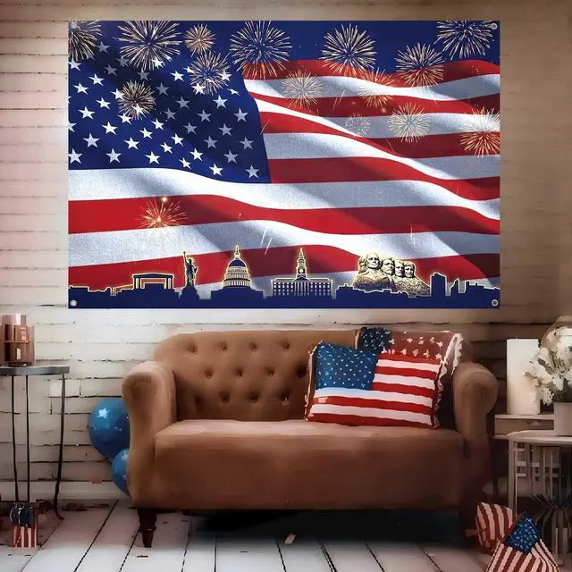 Alt view image 5 of 7 - 8x6ft Patriotic American Flag Backdrop 4th of July Banner Red White and Blue USA Flag Fireworks Photo Background Veteran Independence Day Memorial Day Party Decorations Supplies