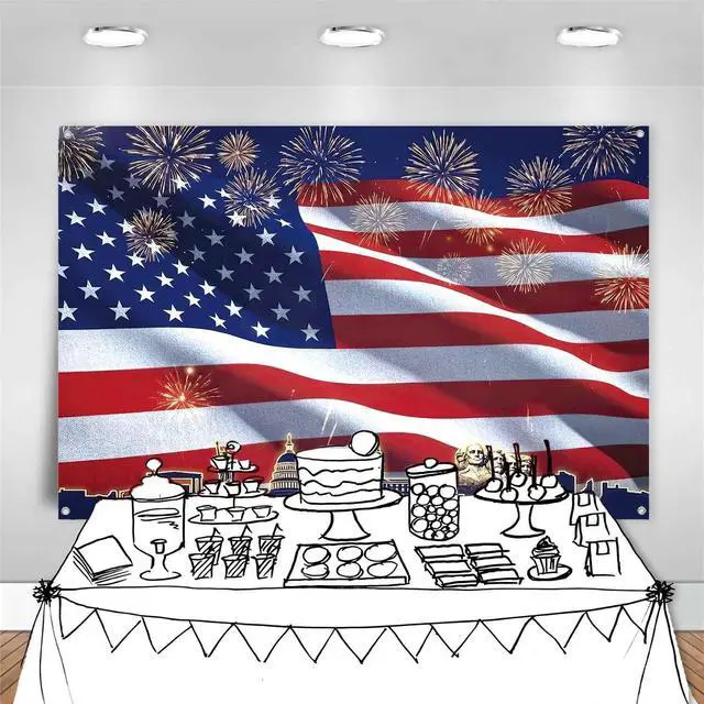 Alt view image 6 of 7 - 8x6ft Patriotic American Flag Backdrop 4th of July Banner Red White and Blue USA Flag Fireworks Photo Background Veteran Independence Day Memorial Day Party Decorations Supplies