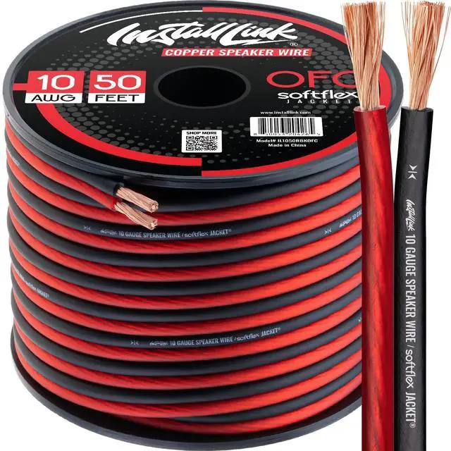 Main image of 10 AWG Gauge Speaker Wire (50 Feet) Car or Home Theater (OFC) | Pure OFC Copper, 10/2 Speaker Cable, 2-Conductor, Frosted Red/Black, Easy Strip, Polarity ID, for Car Audio & Home Stereo