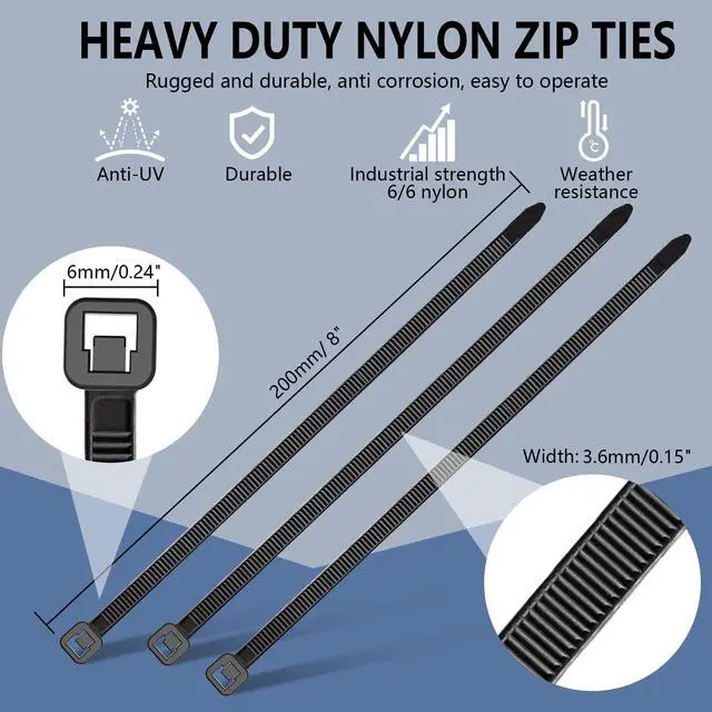 Alt view image 2 of 7 - 200pcs Zip Ties 8 Inch Black, Heavy Duty Zip Tie, 50lb Strength Cable Ties, Industrial Nylon Wire Tie Wraps for Garage and Workshop