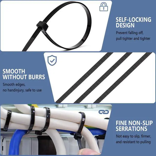 Alt view image 4 of 7 - 200pcs Zip Ties 8 Inch Black, Heavy Duty Zip Tie, 50lb Strength Cable Ties, Industrial Nylon Wire Tie Wraps for Garage and Workshop