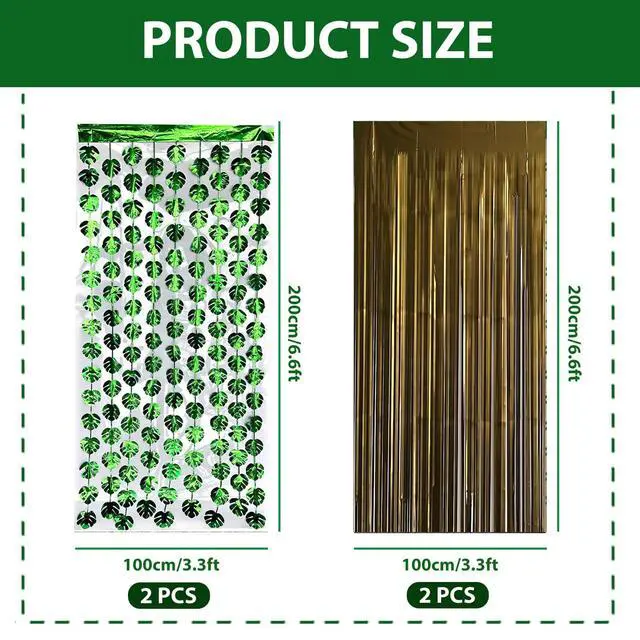 Alt view image 2 of 6 - Hawaiian Decorations Tinsel Foil Fringe Curtains (4 Pcs) - 3.3x6.6 Ft Dark Gold and Green Tropical Leaves Tinsel Curtains for Summer Jungle Aloha Luau Party Decor Photo Booth Prop Backdrop