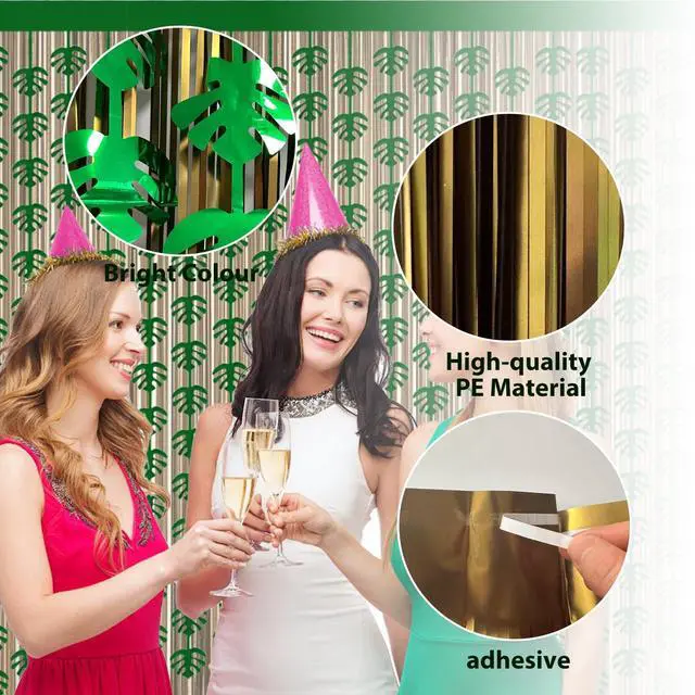 Alt view image 3 of 6 - Hawaiian Decorations Tinsel Foil Fringe Curtains (4 Pcs) - 3.3x6.6 Ft Dark Gold and Green Tropical Leaves Tinsel Curtains for Summer Jungle Aloha Luau Party Decor Photo Booth Prop Backdrop