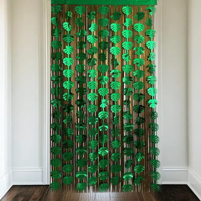 Alt view image 4 of 6 - Hawaiian Decorations Tinsel Foil Fringe Curtains (4 Pcs) - 3.3x6.6 Ft Dark Gold and Green Tropical Leaves Tinsel Curtains for Summer Jungle Aloha Luau Party Decor Photo Booth Prop Backdrop