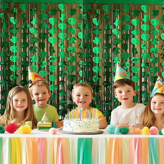 Alt view image 5 of 6 - Hawaiian Decorations Tinsel Foil Fringe Curtains (4 Pcs) - 3.3x6.6 Ft Dark Gold and Green Tropical Leaves Tinsel Curtains for Summer Jungle Aloha Luau Party Decor Photo Booth Prop Backdrop
