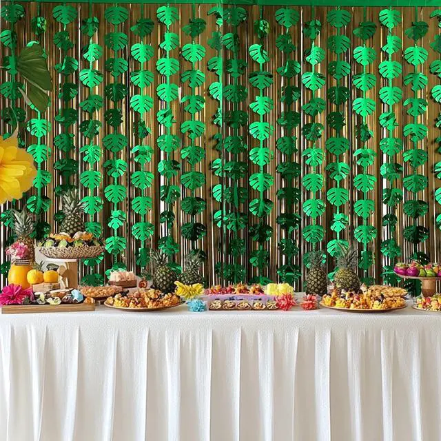 Alt view image 6 of 6 - Hawaiian Decorations Tinsel Foil Fringe Curtains (4 Pcs) - 3.3x6.6 Ft Dark Gold and Green Tropical Leaves Tinsel Curtains for Summer Jungle Aloha Luau Party Decor Photo Booth Prop Backdrop