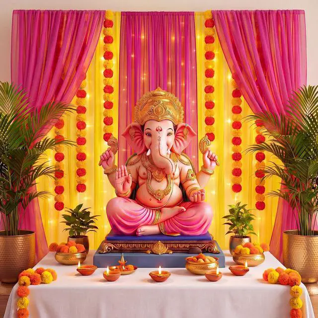 Main image of 18 Pcs Indian Varalakshmi Pooja Backdrop Decoration Set | 6 Yellow Hot Pink Tulle Drapes, 12 Artificial Marigold Garland, Haldi, Mehndi, Ganesh, Navratri, Diwali Backdrop Decor