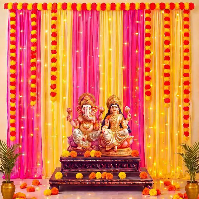 Alt view image 2 of 6 - 18 Pcs Indian Varalakshmi Pooja Backdrop Decoration Set | 6 Yellow Hot Pink Tulle Drapes, 12 Artificial Marigold Garland, Haldi, Mehndi, Ganesh, Navratri, Diwali Backdrop Decor