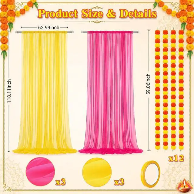 Alt view image 3 of 6 - 18 Pcs Indian Varalakshmi Pooja Backdrop Decoration Set | 6 Yellow Hot Pink Tulle Drapes, 12 Artificial Marigold Garland, Haldi, Mehndi, Ganesh, Navratri, Diwali Backdrop Decor