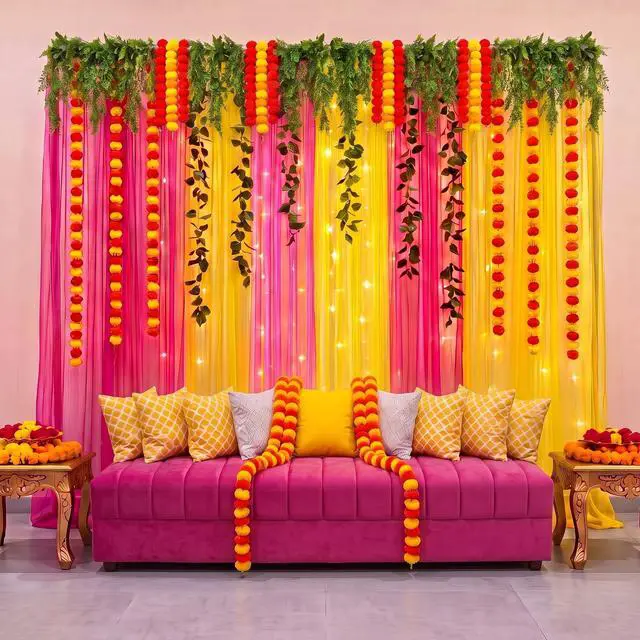 Alt view image 4 of 6 - 18 Pcs Indian Varalakshmi Pooja Backdrop Decoration Set | 6 Yellow Hot Pink Tulle Drapes, 12 Artificial Marigold Garland, Haldi, Mehndi, Ganesh, Navratri, Diwali Backdrop Decor