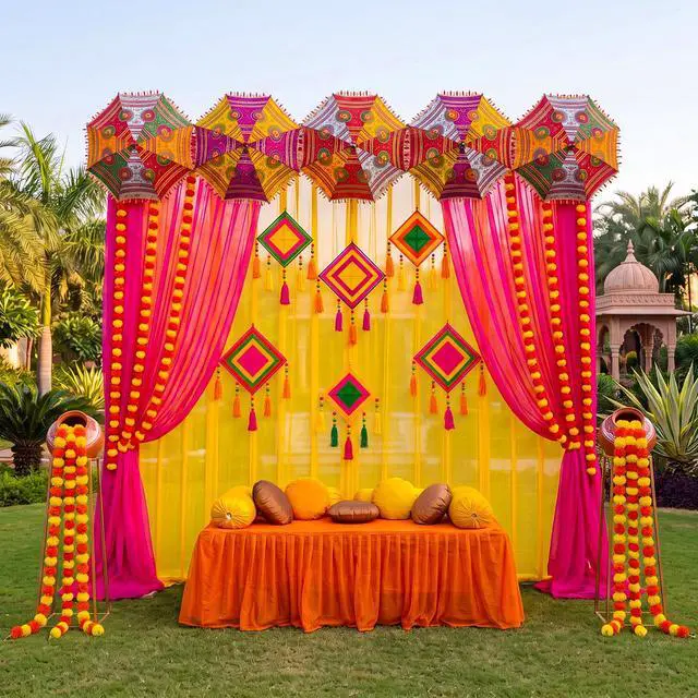 Alt view image 6 of 6 - 18 Pcs Indian Varalakshmi Pooja Backdrop Decoration Set | 6 Yellow Hot Pink Tulle Drapes, 12 Artificial Marigold Garland, Haldi, Mehndi, Ganesh, Navratri, Diwali Backdrop Decor