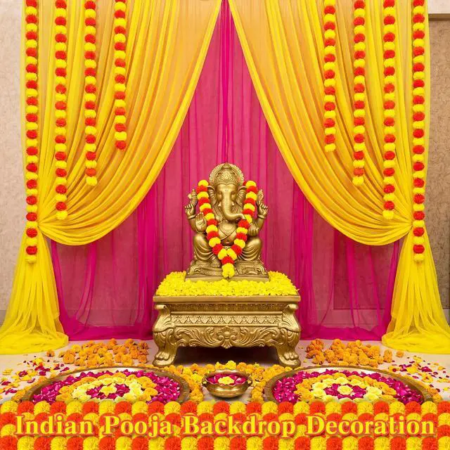 Alt view image 5 of 6 - 18 Pcs Indian Varalakshmi Pooja Backdrop Decoration Set | 6 Yellow Hot Pink Tulle Drapes, 12 Artificial Marigold Garland, Haldi, Mehndi, Ganesh, Navratri, Diwali Backdrop Decor