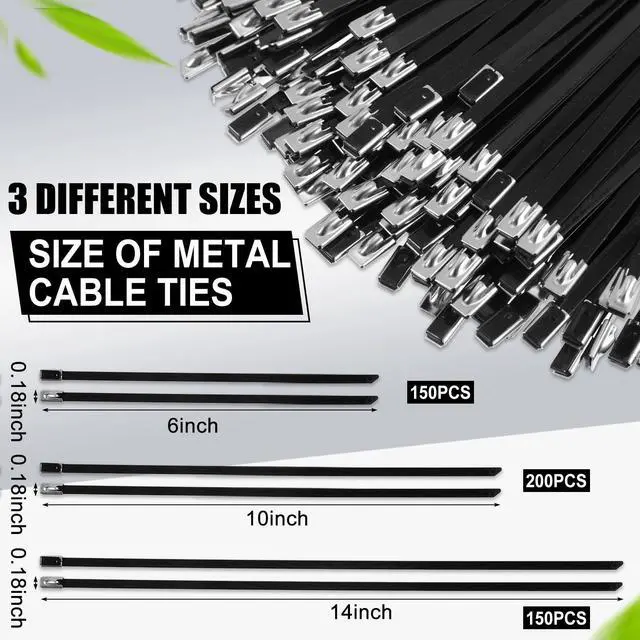 Alt view image 2 of 7 - 500 Pcs 6", 10", 14" Metal Zip Ties Black 304 Stainless Steel Zip Ties Epoxy Coated Tie Heavy Duty Cable Self Locking Cable Multi Purpose for Machinery Vehicles Exhaust Wrap Outdoor Fence Farms