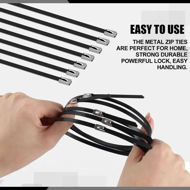 Alt view image 3 of 7 - 500 Pcs 6", 10", 14" Metal Zip Ties Black 304 Stainless Steel Zip Ties Epoxy Coated Tie Heavy Duty Cable Self Locking Cable Multi Purpose for Machinery Vehicles Exhaust Wrap Outdoor Fence Farms