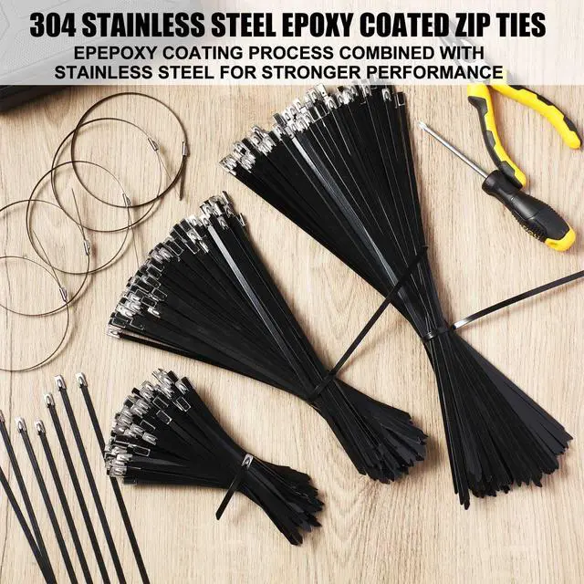 Alt view image 4 of 7 - 500 Pcs 6", 10", 14" Metal Zip Ties Black 304 Stainless Steel Zip Ties Epoxy Coated Tie Heavy Duty Cable Self Locking Cable Multi Purpose for Machinery Vehicles Exhaust Wrap Outdoor Fence Farms