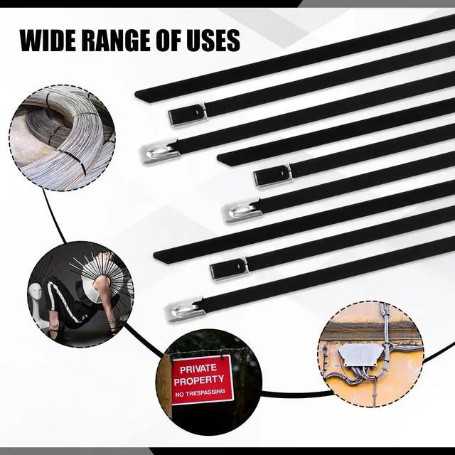 Alt view image 5 of 7 - 500 Pcs 6", 10", 14" Metal Zip Ties Black 304 Stainless Steel Zip Ties Epoxy Coated Tie Heavy Duty Cable Self Locking Cable Multi Purpose for Machinery Vehicles Exhaust Wrap Outdoor Fence Farms