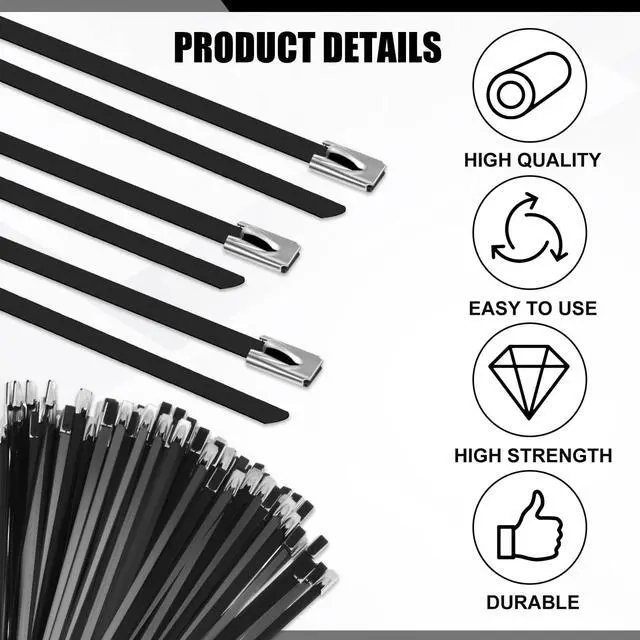 Alt view image 6 of 7 - 500 Pcs 6", 10", 14" Metal Zip Ties Black 304 Stainless Steel Zip Ties Epoxy Coated Tie Heavy Duty Cable Self Locking Cable Multi Purpose for Machinery Vehicles Exhaust Wrap Outdoor Fence Farms