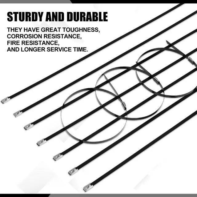 Alt view image 7 of 7 - 500 Pcs 6", 10", 14" Metal Zip Ties Black 304 Stainless Steel Zip Ties Epoxy Coated Tie Heavy Duty Cable Self Locking Cable Multi Purpose for Machinery Vehicles Exhaust Wrap Outdoor Fence Farms