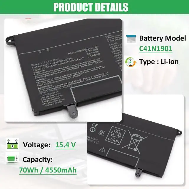 Alt view image 2 of 7 - C41N1901 Laptop Battery Replacement for Asus ZenBook Duo UX481 UX481FA UX481FL UX481FLY UX481F X481FL UX481FL-BM002T UX481FA-BM020R UX481FL-BP1505T Series Notebook 15.4V 70Wh