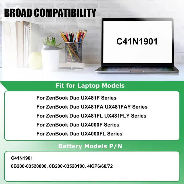 Alt view image 3 of 7 - C41N1901 Laptop Battery Replacement for Asus ZenBook Duo UX481 UX481FA UX481FL UX481FLY UX481F X481FL UX481FL-BM002T UX481FA-BM020R UX481FL-BP1505T Series Notebook 15.4V 70Wh
