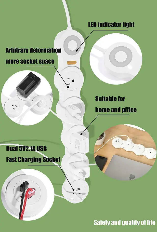 Alt view image 4 of 7 - Flexible Surge Protector Power Strip, 6 Feet Long Cord 4 Outlets 2 USB 10V/13amp Flat Plug with Overload Protection Extension Cord,Suitable for Home Office Travel,White