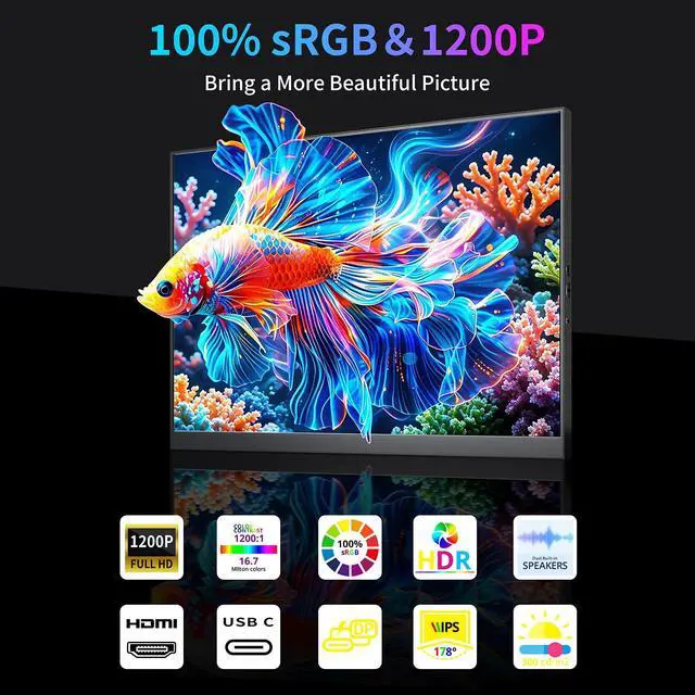 Alt view image 3 of 7 - 16" 144Hz FHD Portable Monitor,100% sRGB 1200P HDR Portable Gaming Monitor | Portable Monitor with USB-C HDMI VESA and Magic Cover,External Screen for Laptop,Mac,PC,Phone,PS5,Xbox,etc