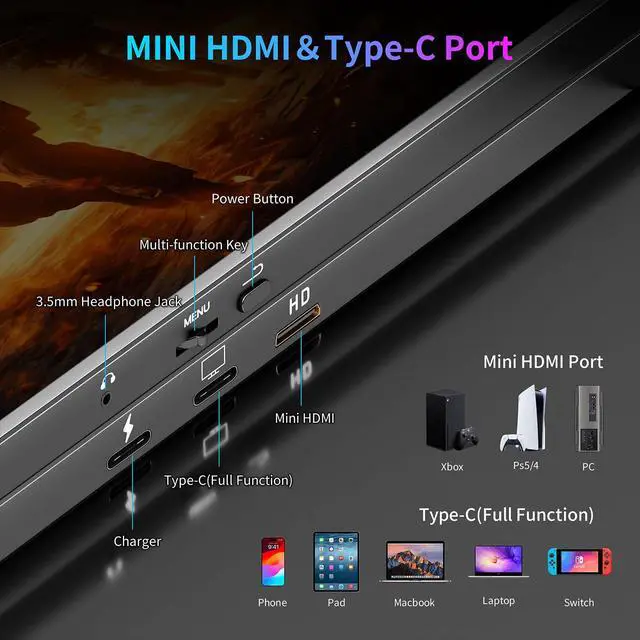 Alt view image 4 of 7 - 16" 144Hz FHD Portable Monitor,100% sRGB 1200P HDR Portable Gaming Monitor | Portable Monitor with USB-C HDMI VESA and Magic Cover,External Screen for Laptop,Mac,PC,Phone,PS5,Xbox,etc