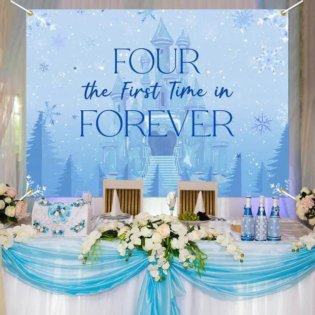 Alt view image 4 of 6 - Frozen Four The First Time in Forever Birthday Backdrop Frozen 4th Birthday Party Decorations Kids 4th Birthday Party Photo Background, 7 * 5Ft