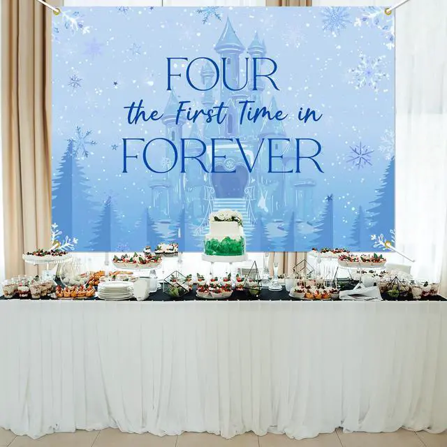 Alt view image 6 of 6 - Frozen Four The First Time in Forever Birthday Backdrop Frozen 4th Birthday Party Decorations Kids 4th Birthday Party Photo Background, 7 * 5Ft