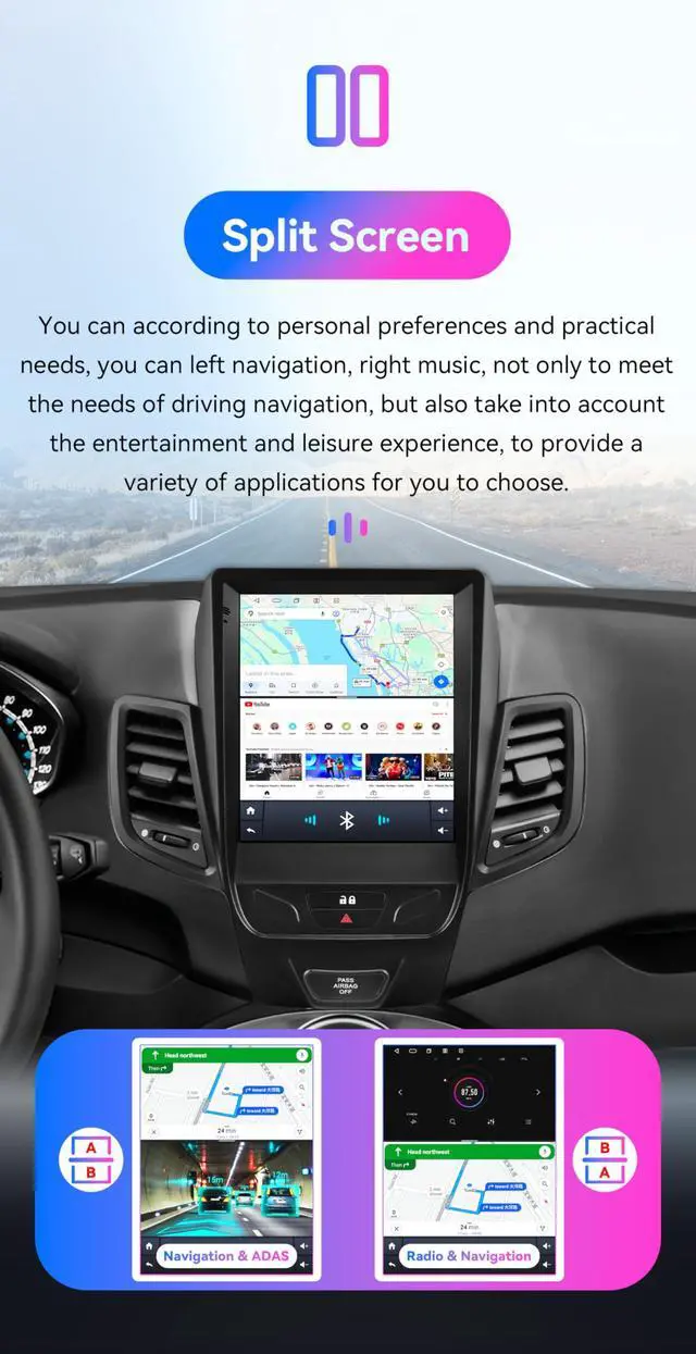 Alt view image 4 of 7 - 8 Core 4GB+64GB Android 14 Car Stereo Upgrade for Ford Fiesta (2009-2020), 9.7Inch QLED Touchscreen GPS Navigation with Wireless Carplay Android Auto Bluetooth 5.0 EQ SWC USB