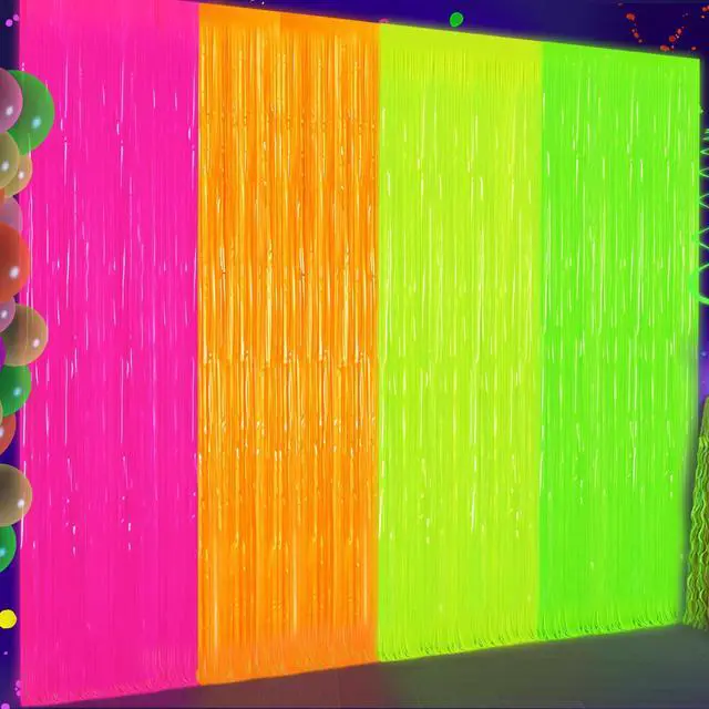 Main image of 4 Pack Glow in The Dark Tinsel Curtains, Neon Party Decorations 3.3 x 6.6 Ft Blacklight Reactive Fluorescent Party Backdrop for Birthday Wedding, Neon Party, Glow Party Decorations Supplies