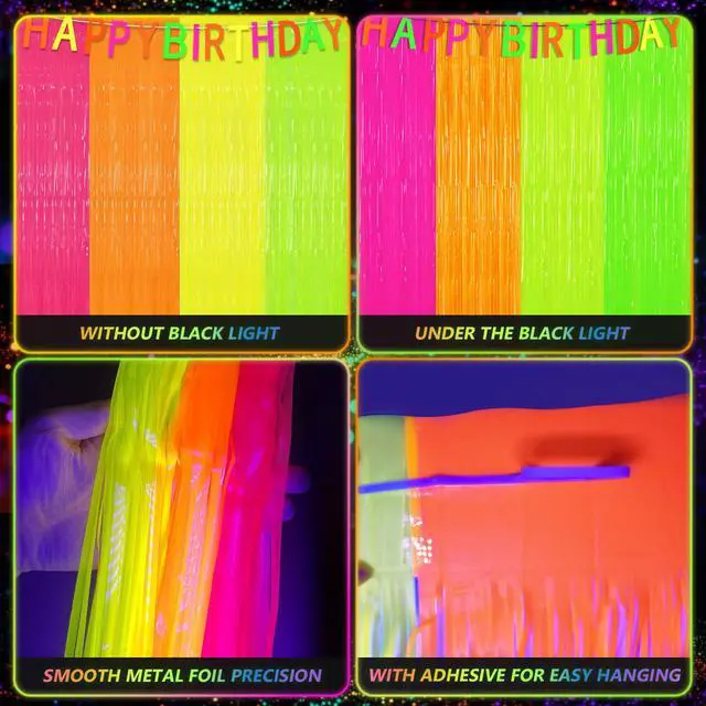 Alt view image 2 of 7 - 4 Pack Glow in The Dark Tinsel Curtains, Neon Party Decorations 3.3 x 6.6 Ft Blacklight Reactive Fluorescent Party Backdrop for Birthday Wedding, Neon Party, Glow Party Decorations Supplies