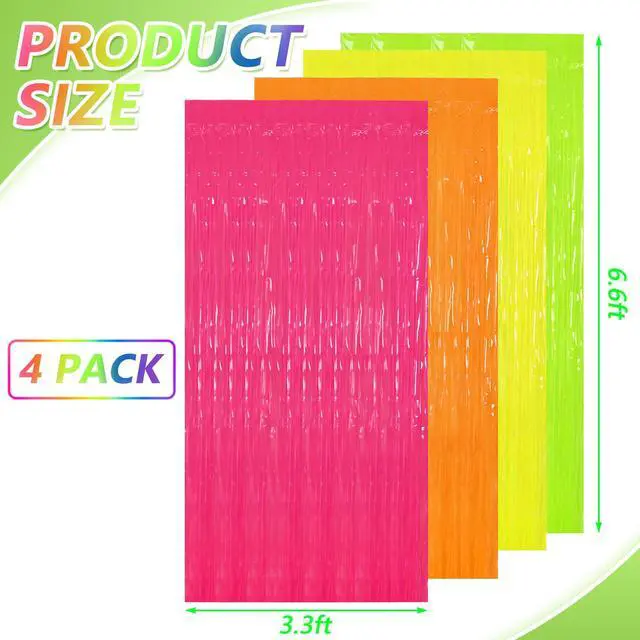 Alt view image 3 of 7 - 4 Pack Glow in The Dark Tinsel Curtains, Neon Party Decorations 3.3 x 6.6 Ft Blacklight Reactive Fluorescent Party Backdrop for Birthday Wedding, Neon Party, Glow Party Decorations Supplies