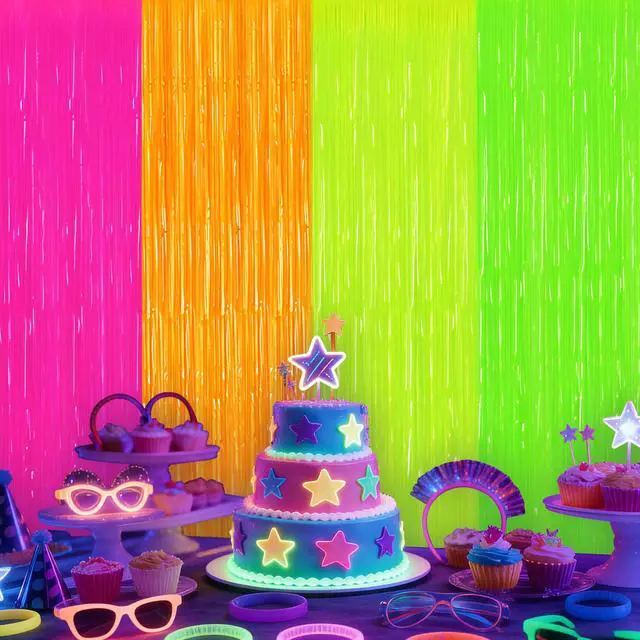 Alt view image 6 of 7 - 4 Pack Glow in The Dark Tinsel Curtains, Neon Party Decorations 3.3 x 6.6 Ft Blacklight Reactive Fluorescent Party Backdrop for Birthday Wedding, Neon Party, Glow Party Decorations Supplies