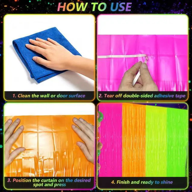 Alt view image 4 of 7 - 4 Pack Glow in The Dark Tinsel Curtains, Neon Party Decorations 3.3 x 6.6 Ft Blacklight Reactive Fluorescent Party Backdrop for Birthday Wedding, Neon Party, Glow Party Decorations Supplies
