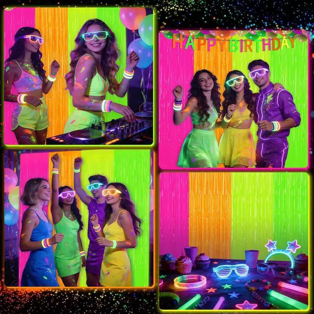 Alt view image 7 of 7 - 4 Pack Glow in The Dark Tinsel Curtains, Neon Party Decorations 3.3 x 6.6 Ft Blacklight Reactive Fluorescent Party Backdrop for Birthday Wedding, Neon Party, Glow Party Decorations Supplies