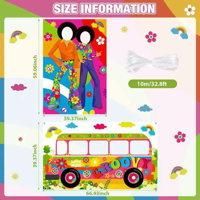 Alt view image 2 of 7 - 2 Pcs 60's Theme Party Decorations Hippie Bus Photo Prop Hippie Theme Party Backdrop Groovy Selfie Frame Banner for Retro 60s 70s Decor